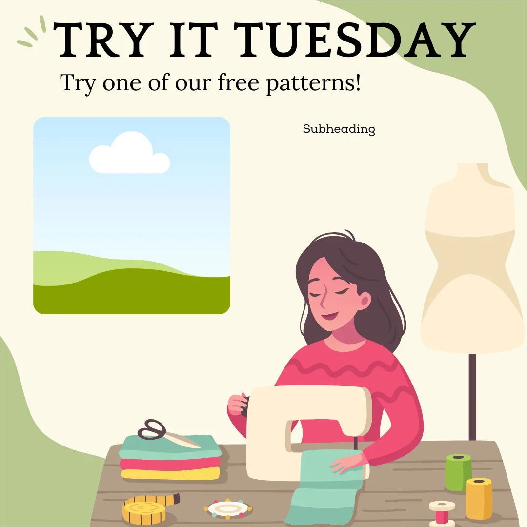 Free quilt pattern graphic with a woman sewing and folded fabric pieces
