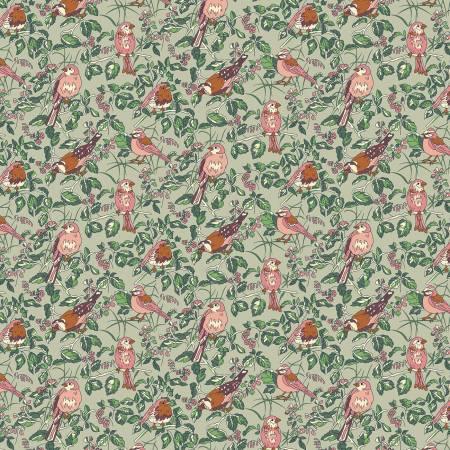 Green woodland fabric with birds, berries, and leafy branches pattern