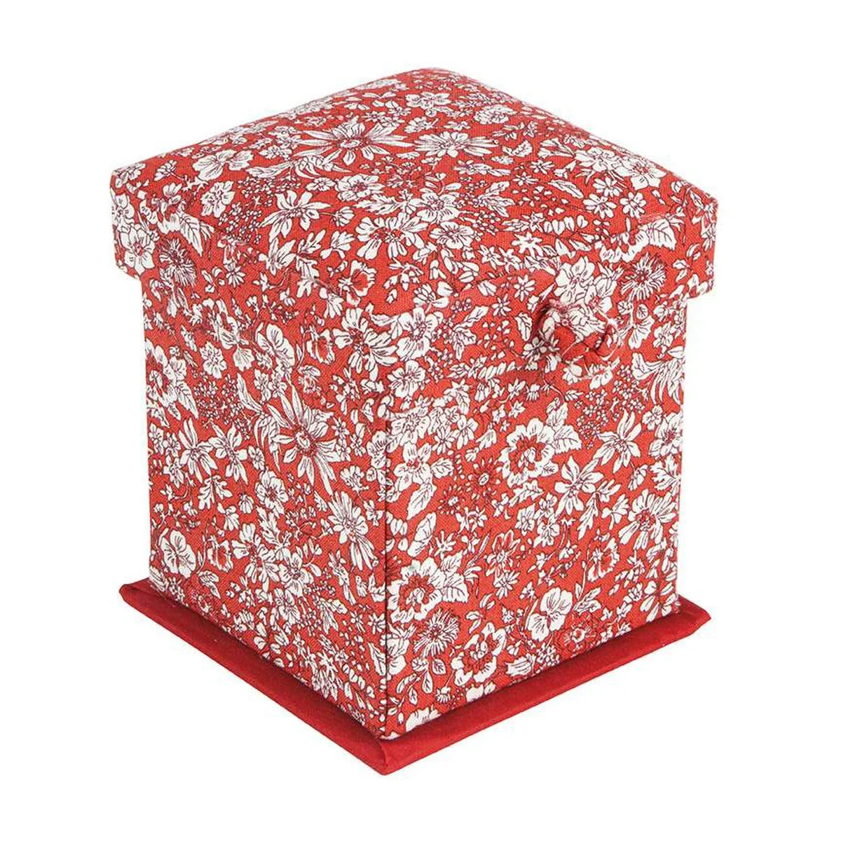 Red floral Victorian-style sewing box, closed with fabric cover