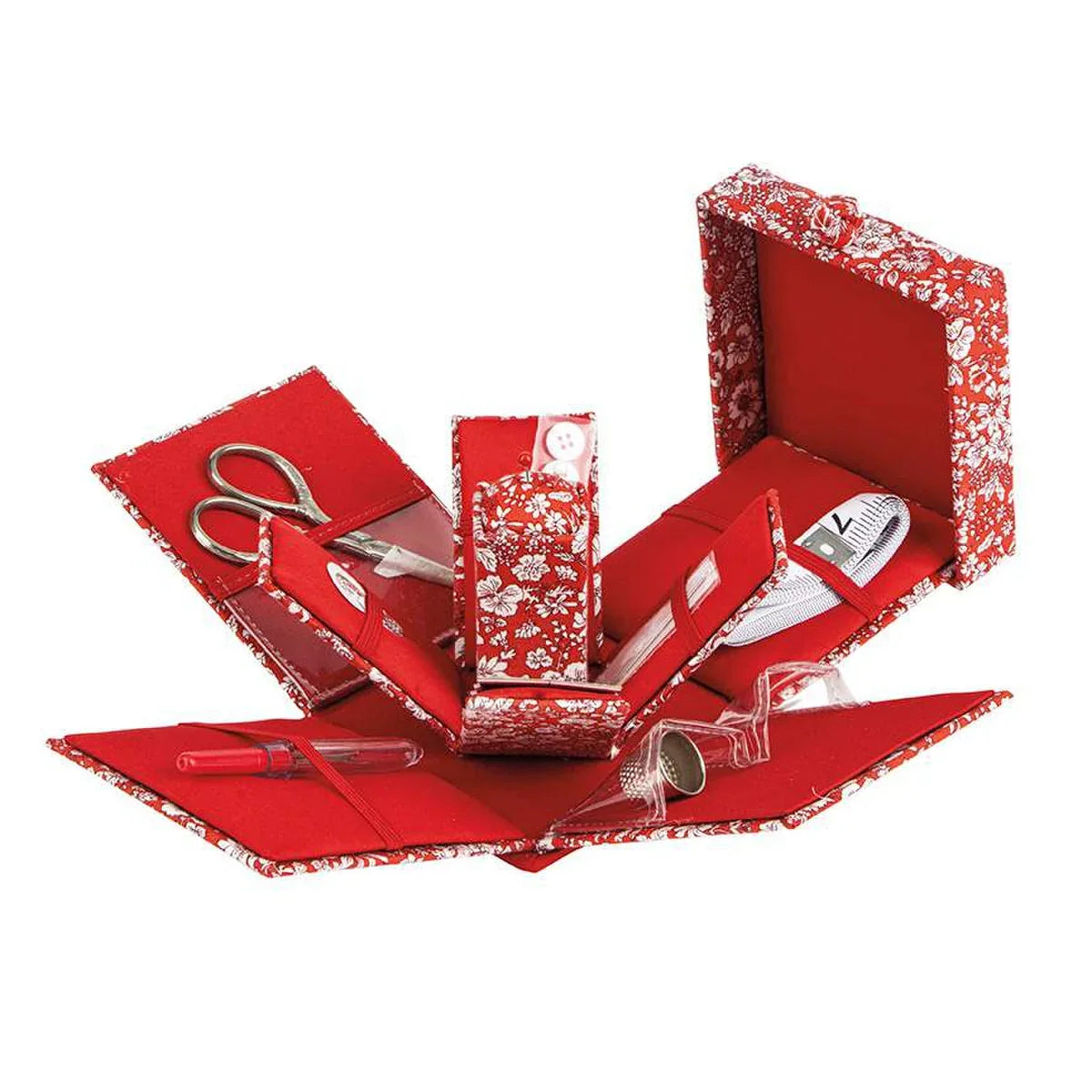 Red floral Victorian sewing box, open with compartments and tools