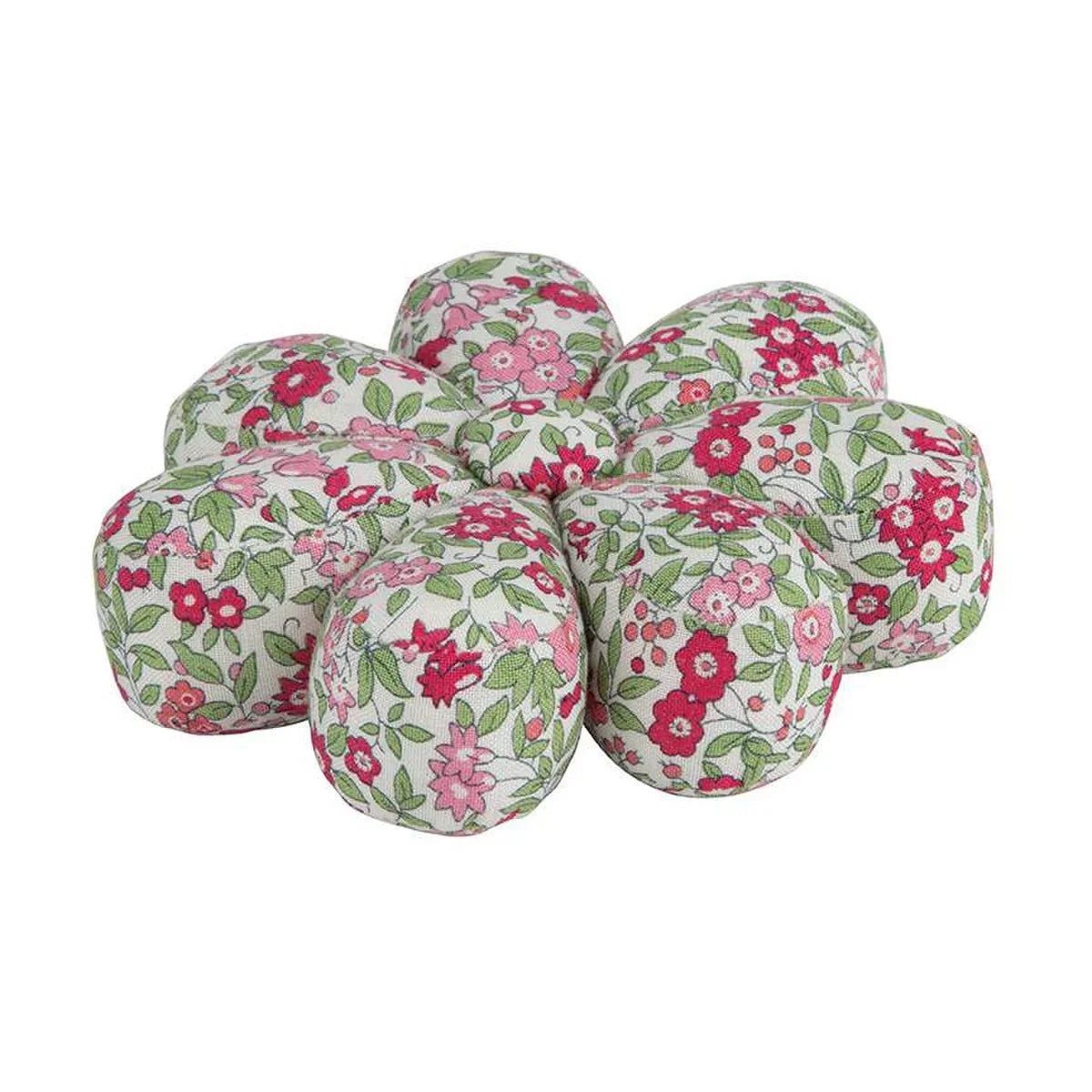 Floral fabric flower pin cushion, cream with pink and red blossoms