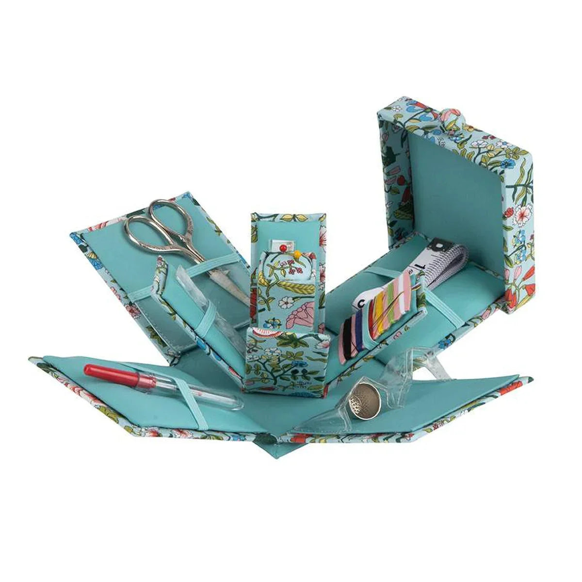 Victorian-style fabric sewing box open with teal interior and floral pattern, round clasp