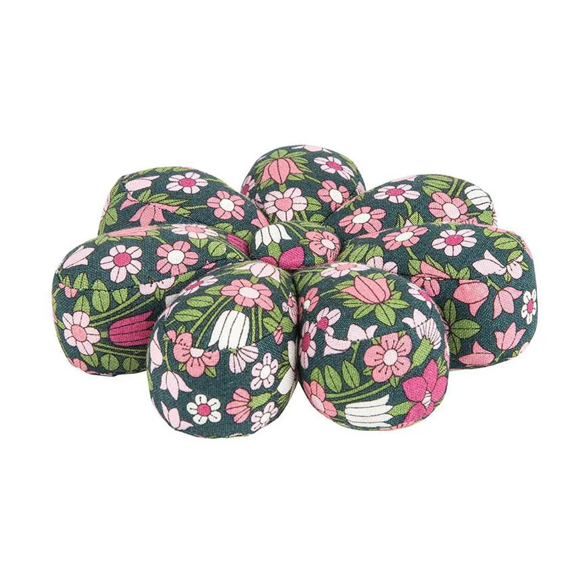 Navy floral fabric flower pin cushion with stacked petal sections, pink and green blossoms