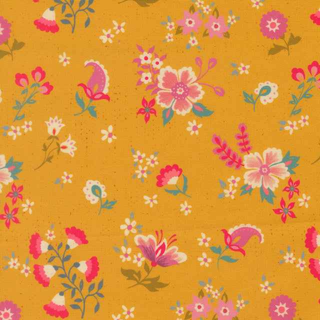 Mustard floral cotton fabric with multicolor blossoms and foliage pattern