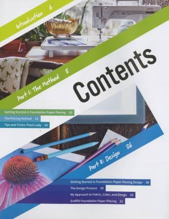Paper piecing & design book contents page with project list and sewing tools