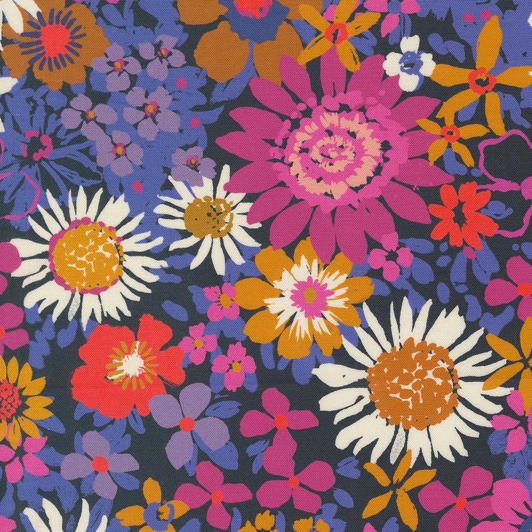 Navy floral fabric with pink, orange, and yellow daisy and flower pattern