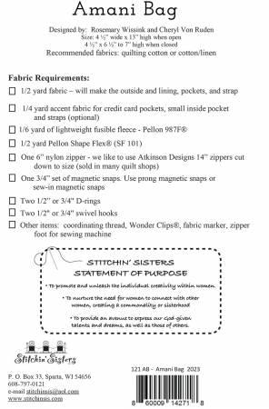 Amani Bag Pattern #121AB paper template sheet with sewing and fabric requirements details