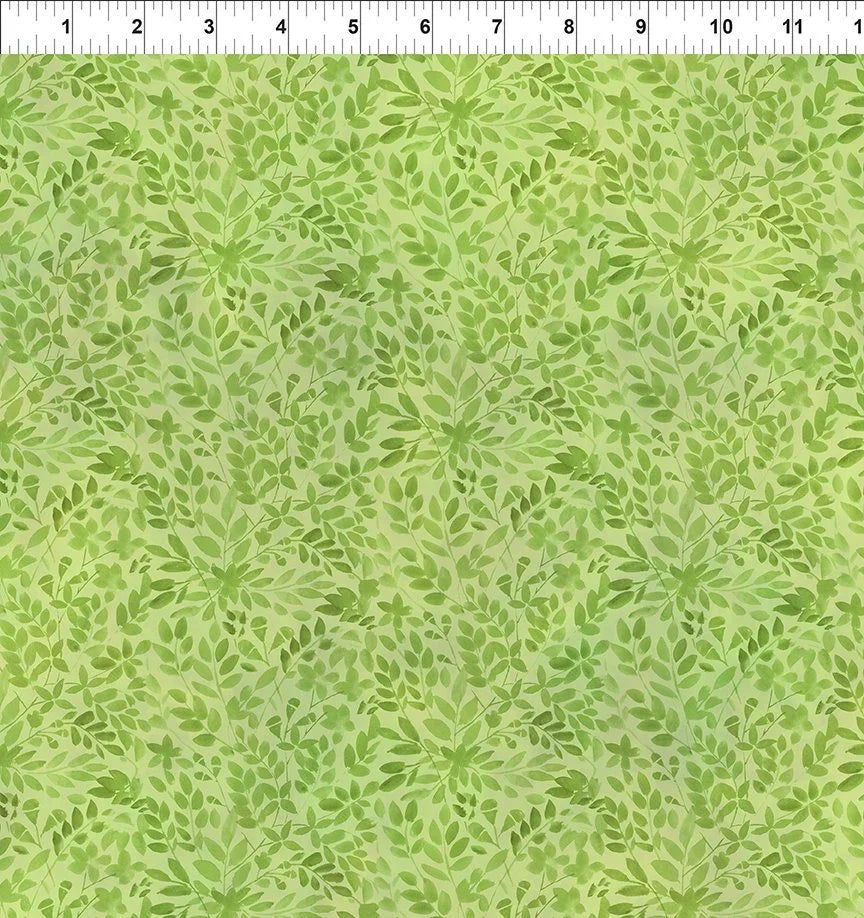 Green leaf and branch print fabric, all-over pattern