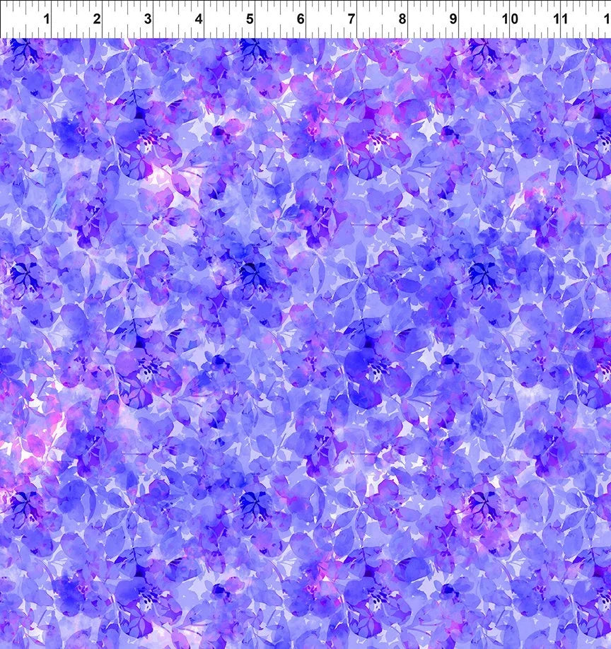 Purple and blue floral fabric with layered shadow leaf pattern
