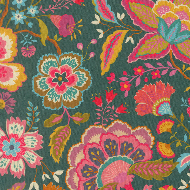 Dark teal floral print fabric with multicolor blossoms and leaves repeat pattern