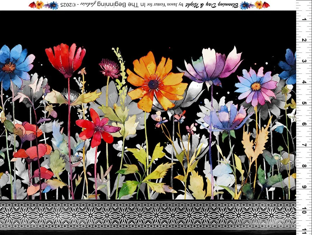 Black floral fabric border with multicolor flowers and leaves
