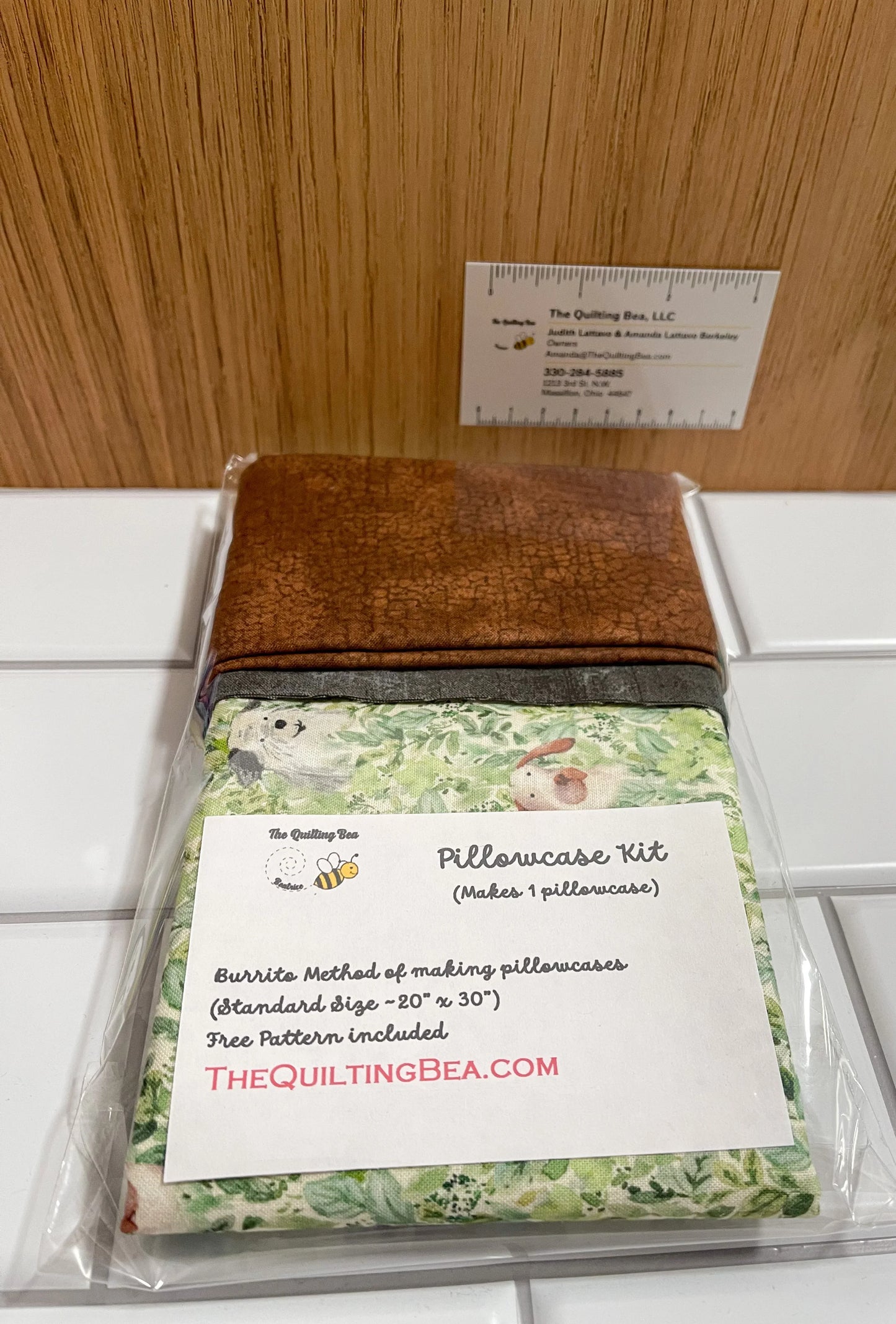 Pillowcase kit with watercolor dog print and brown crackle cuff, includes two pillowcases