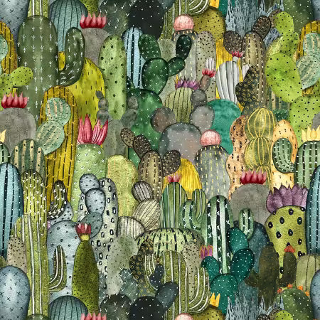 Magical Desert Matcha Cactus Crowd 8.4 Inch repeat # 2073-64 by Mayo Moreno for Henry Glass