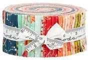 Jelly roll fabric bundle with multi-color strip roll and white Moda band