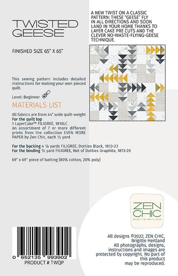 Quilt pattern guide with twisted geese patchwork layout and Zen Chic logo