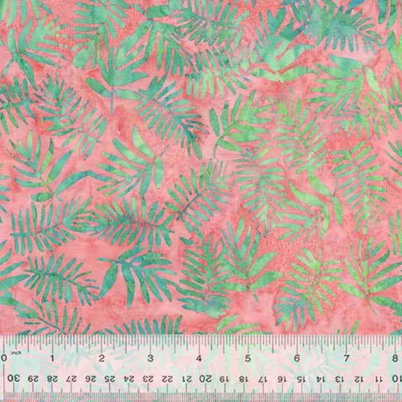 Batiks fabric with fern leaf pattern, pink base and green-blue leaves