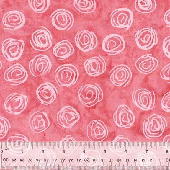 Pink batik fabric with white scribble dot rose pattern