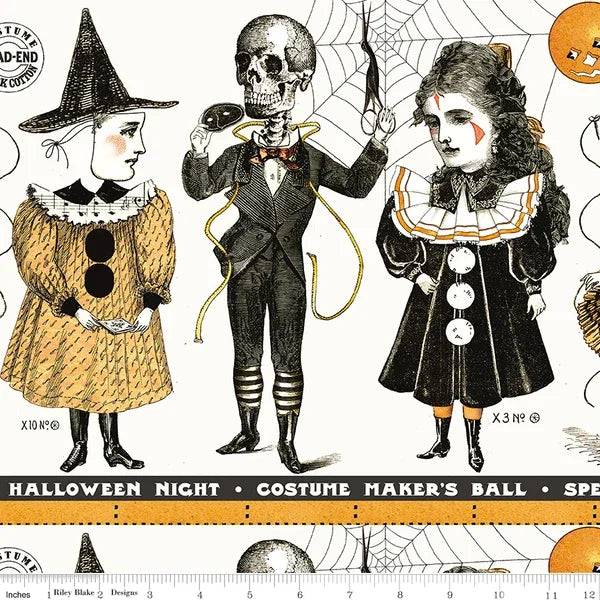 White fabric border strip with illustrated Halloween costume characters, skeleton and witches