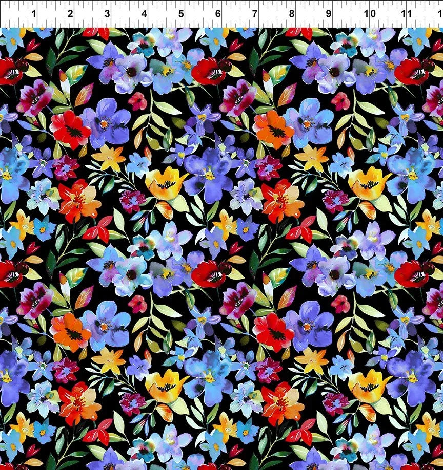 Black floral fabric with multicolor flowers and leaves all over pattern