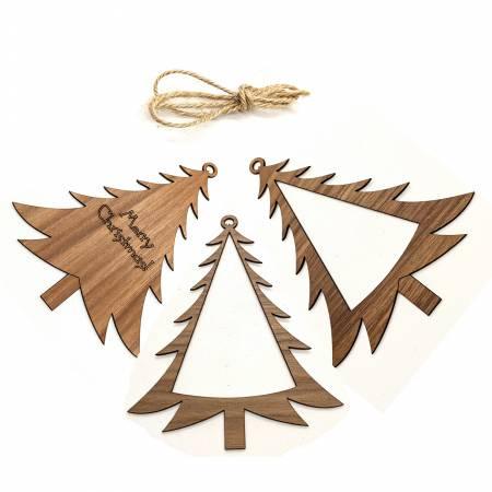 Walnut wooden Christmas tree ornament cutouts, three shapes with rope ties