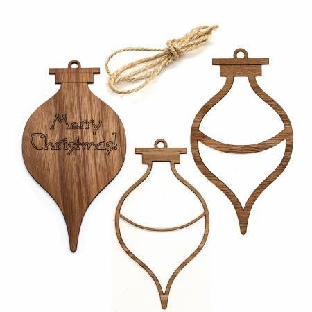 Walnut Christmas bauble ornament set of three wooden shapes with hanging loops