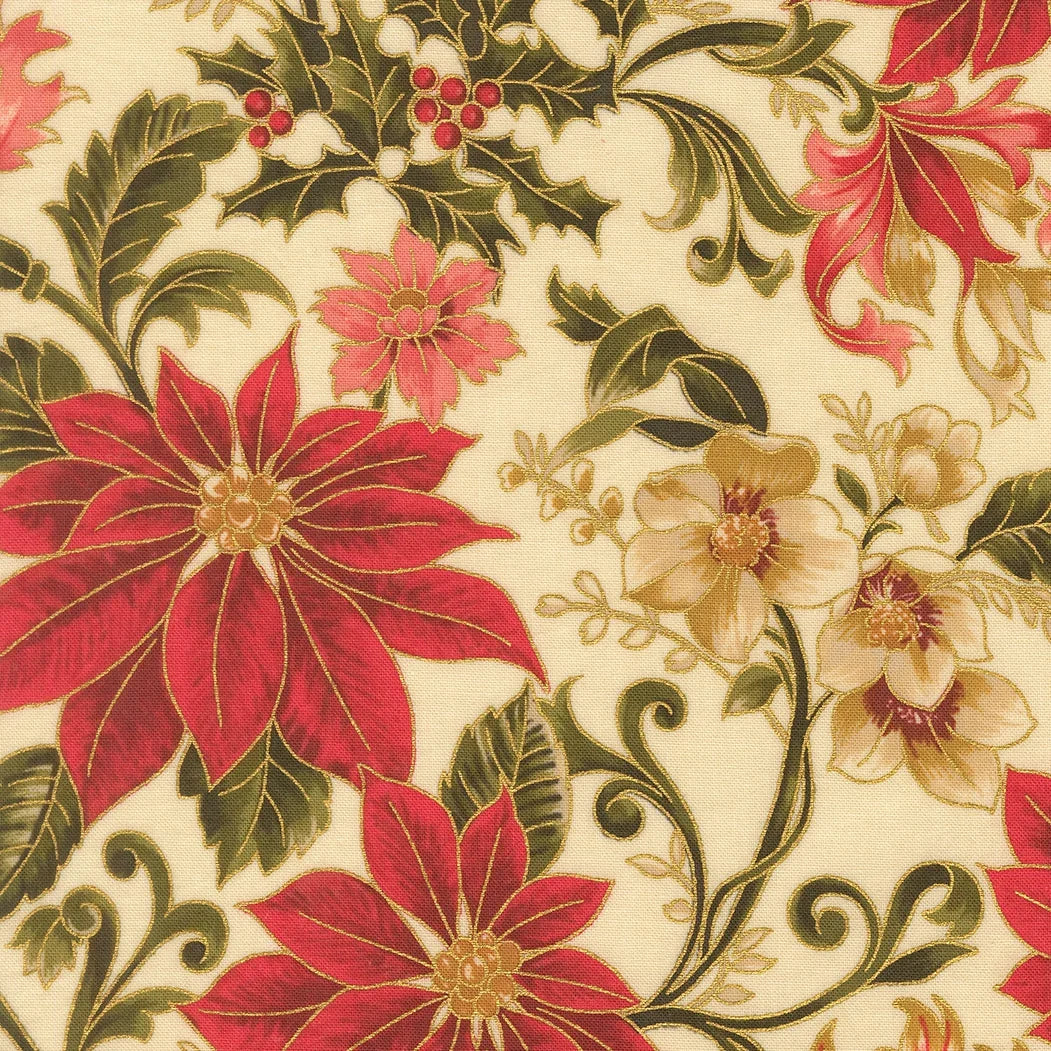 Cream floral quilting fabric with red and gold flowers and leafy vines