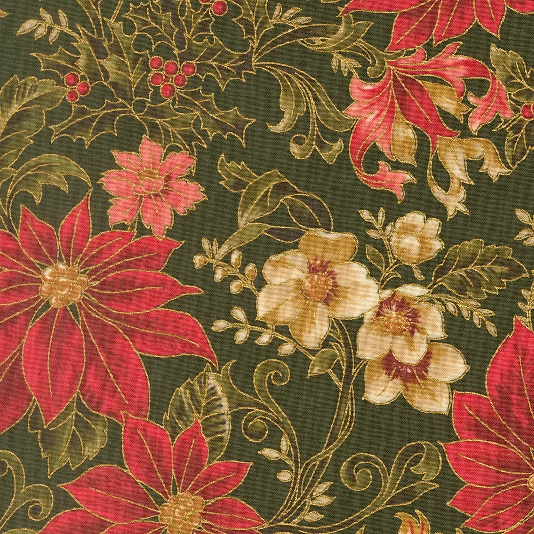 Floral fabric: dark green with red and gold poinsettias and leafy vines