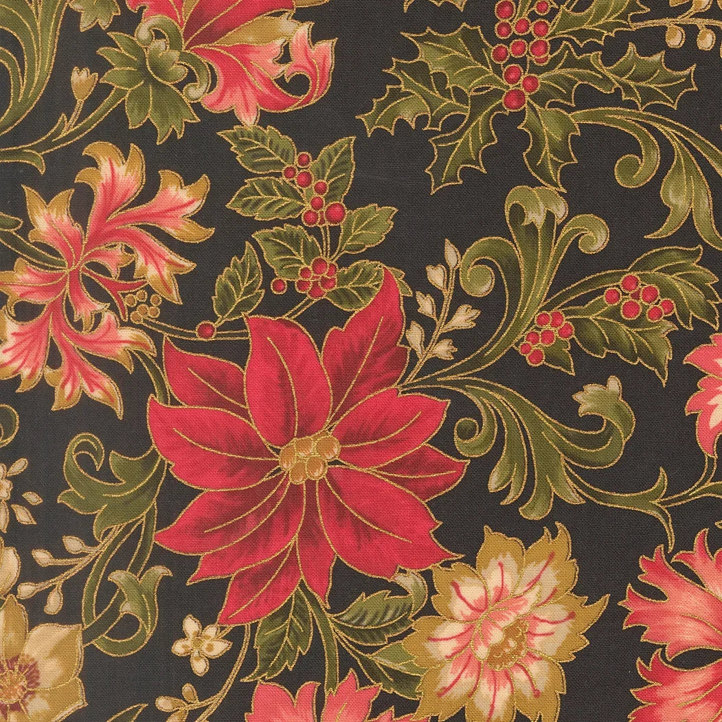 Dark floral quilting fabric with poinsettia and holly motifs
