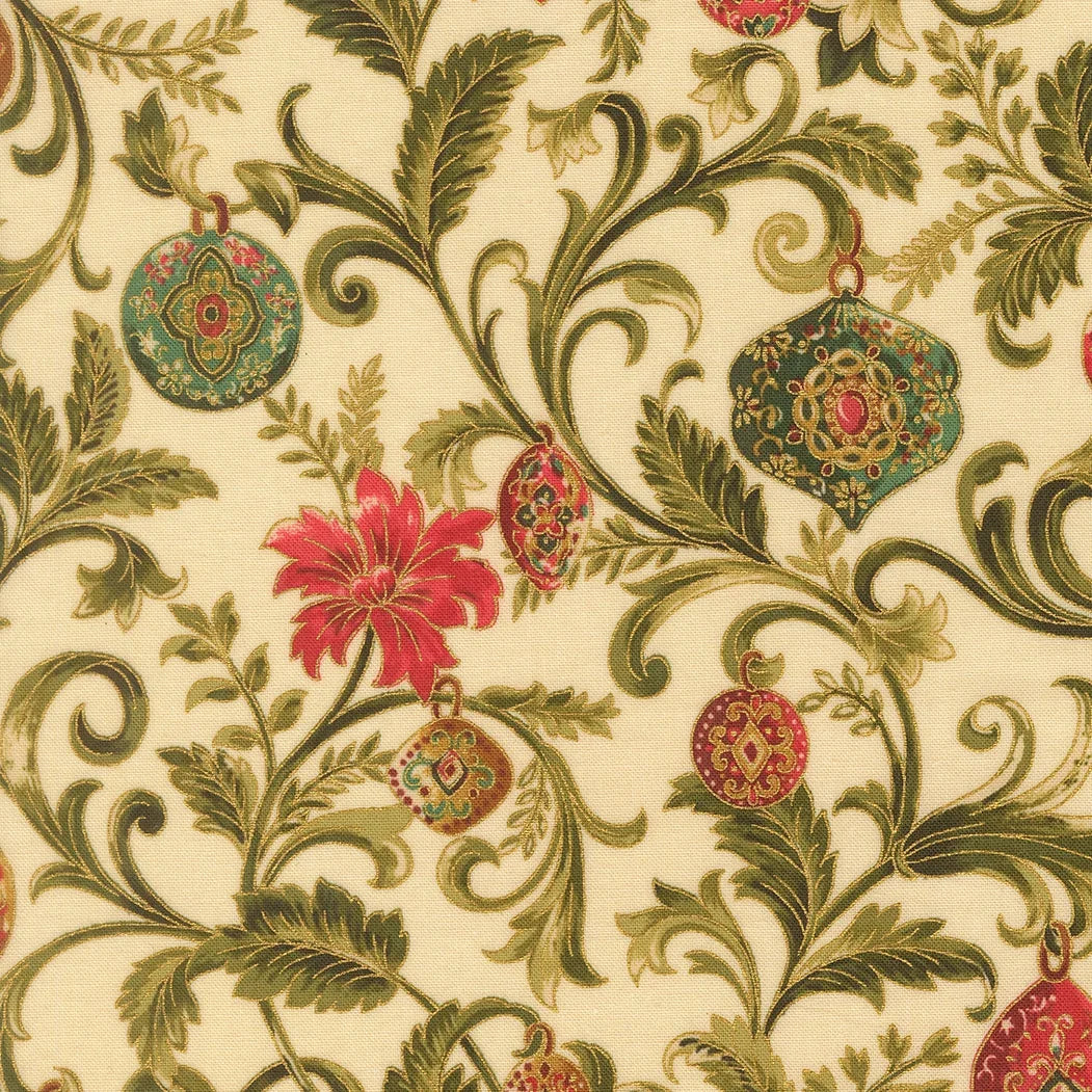 Cream fabric with green vine scrolls and red teal ornament floral pattern