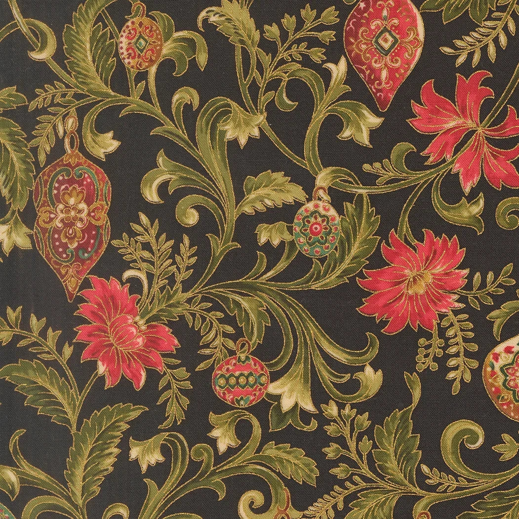 Ebony floral paisley fabric with red and green scrolls and teardrop motifs