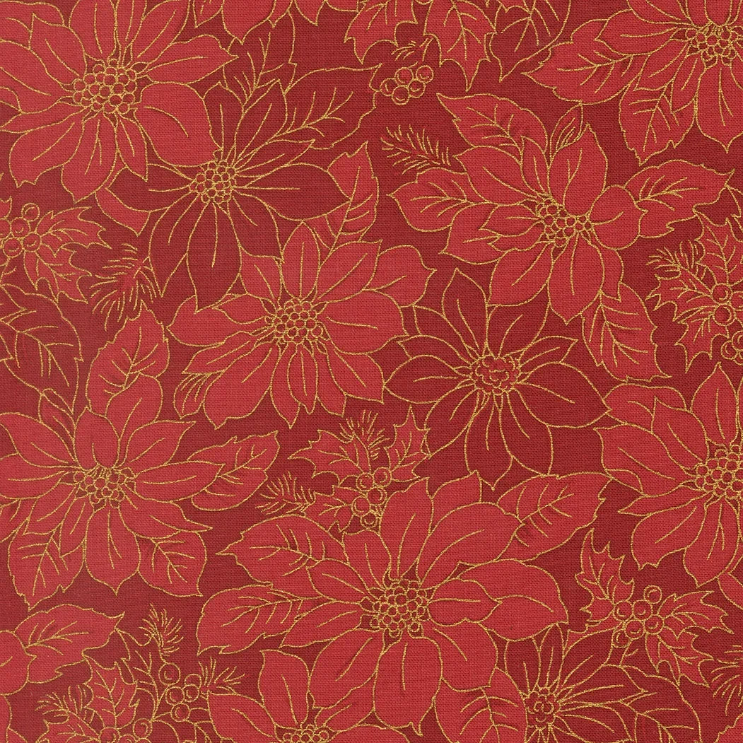 Crimson floral quilting fabric with gold-tone leafy blossoms