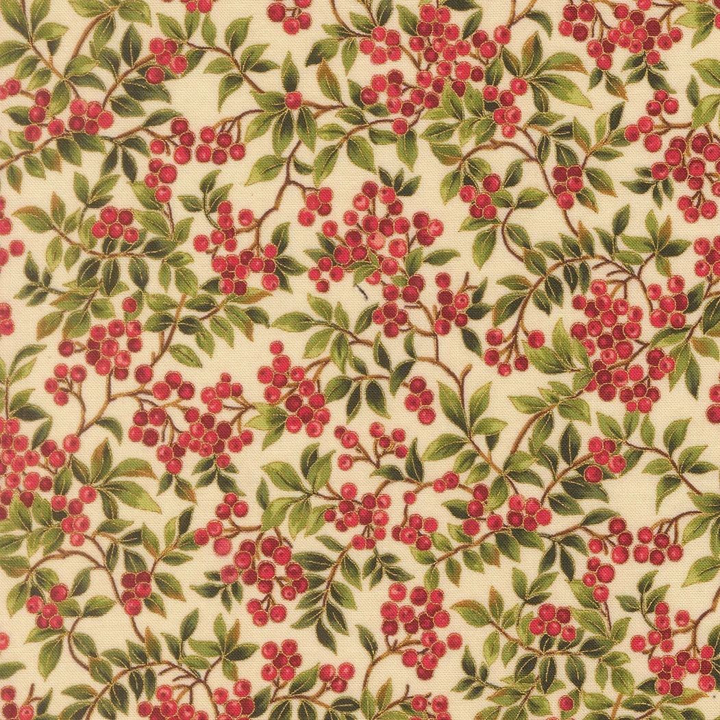 Cream fabric with red berry and green leaf floral pattern