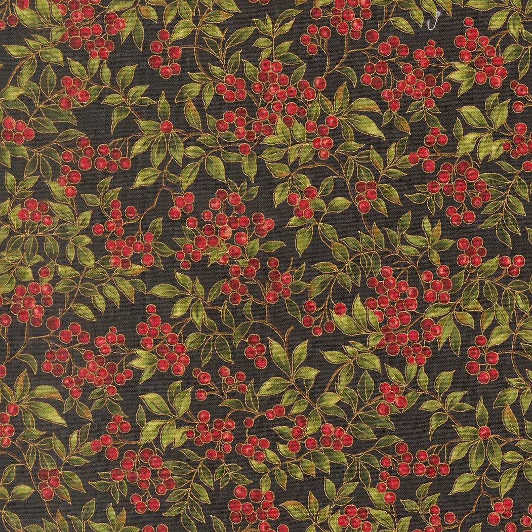 Dark printed fabric with red berry clusters and green leaves pattern
