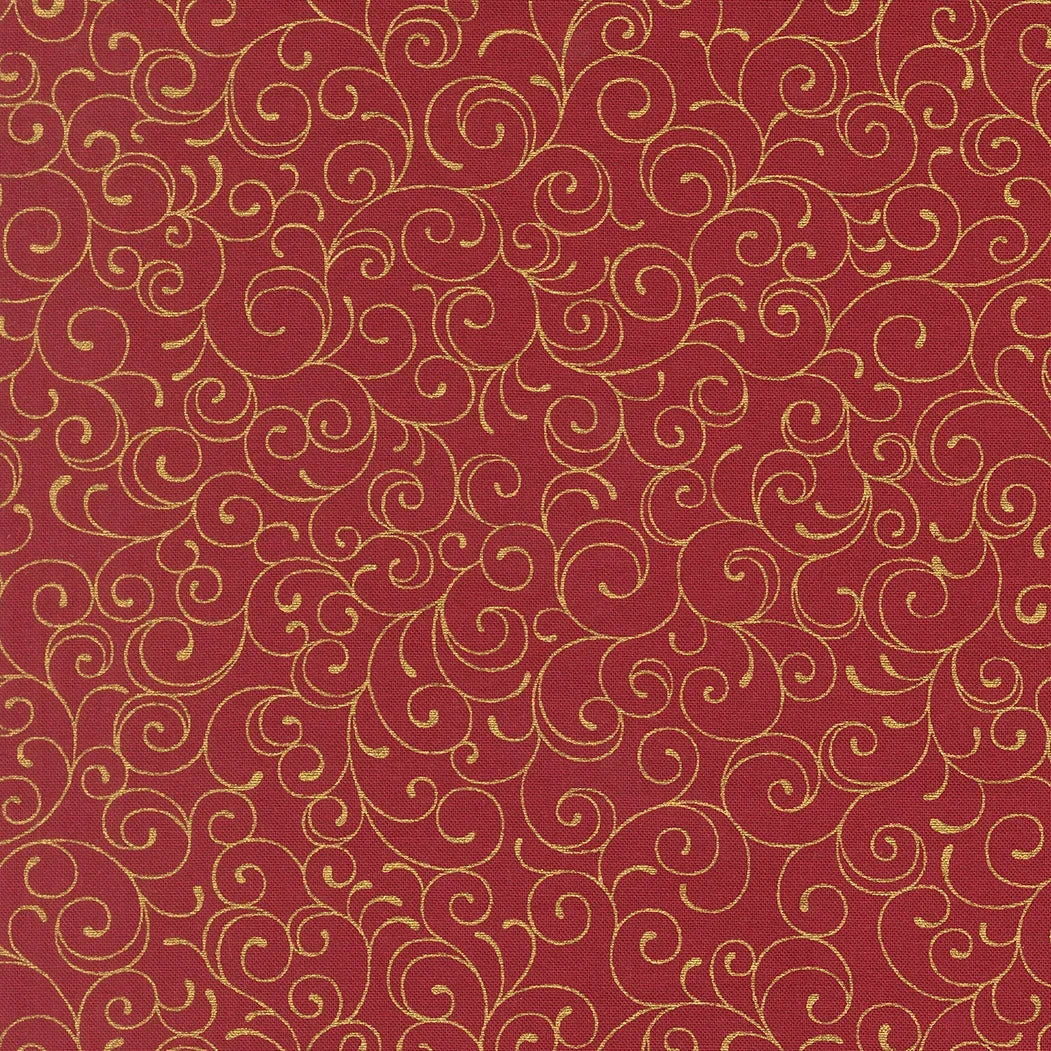Crimson fabric with gold swirling vine pattern