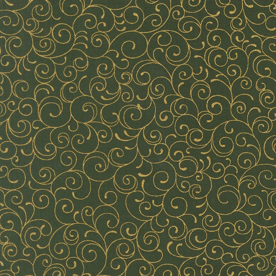 Evergreen green fabric with ornate gold swirl scroll pattern, decorative weave