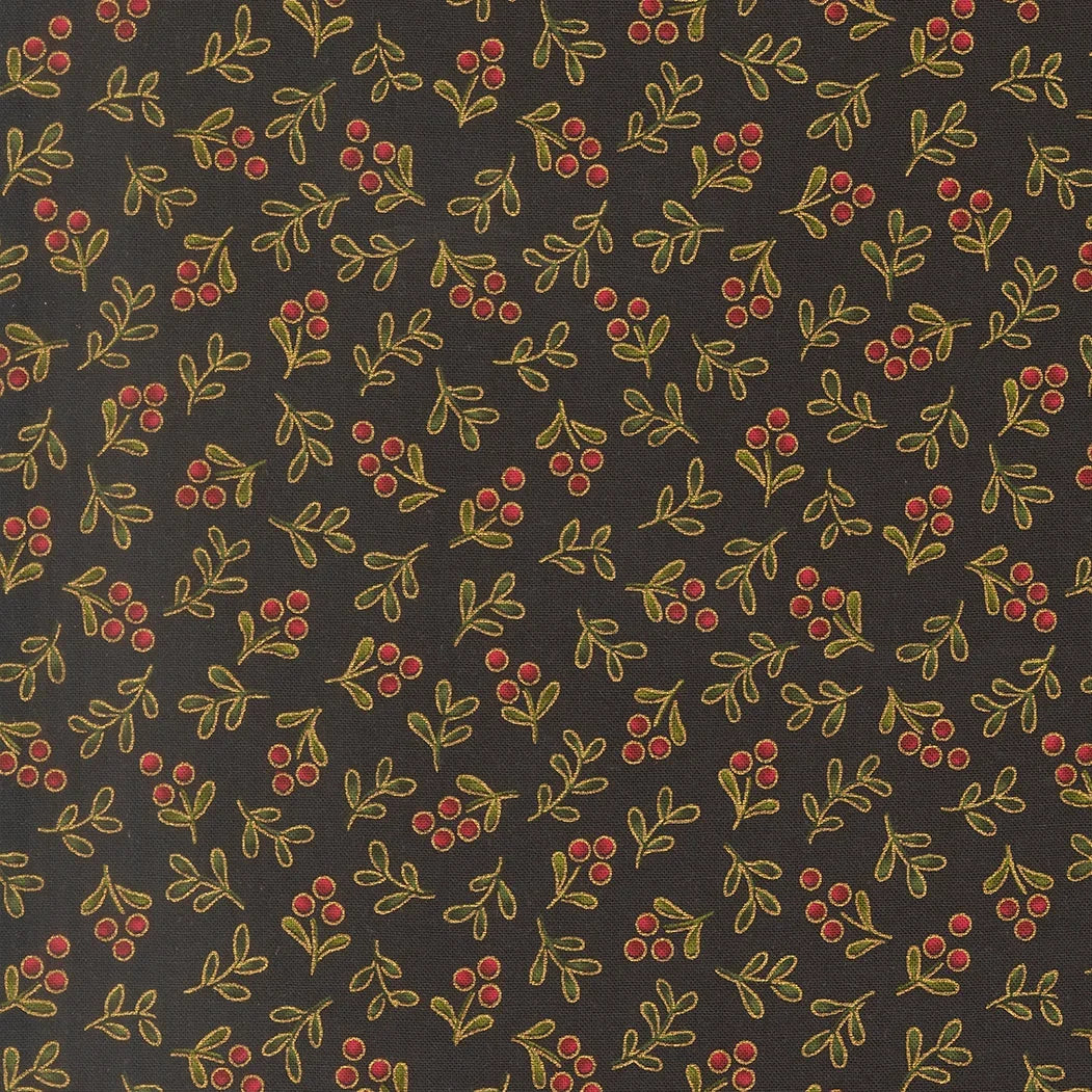 Ebony printed cotton fabric with red berries and gold sprig leaves