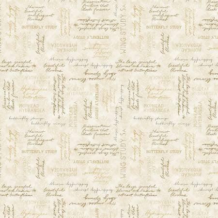 Cream fabric with scattered word script and hydrangea, butterfly motifs