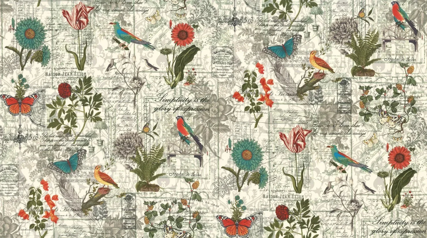 Floral and bird print fabric with red, blue, and green flowers on light background
