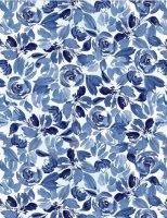 Blue and white packed floral fabric with small blossoms pattern