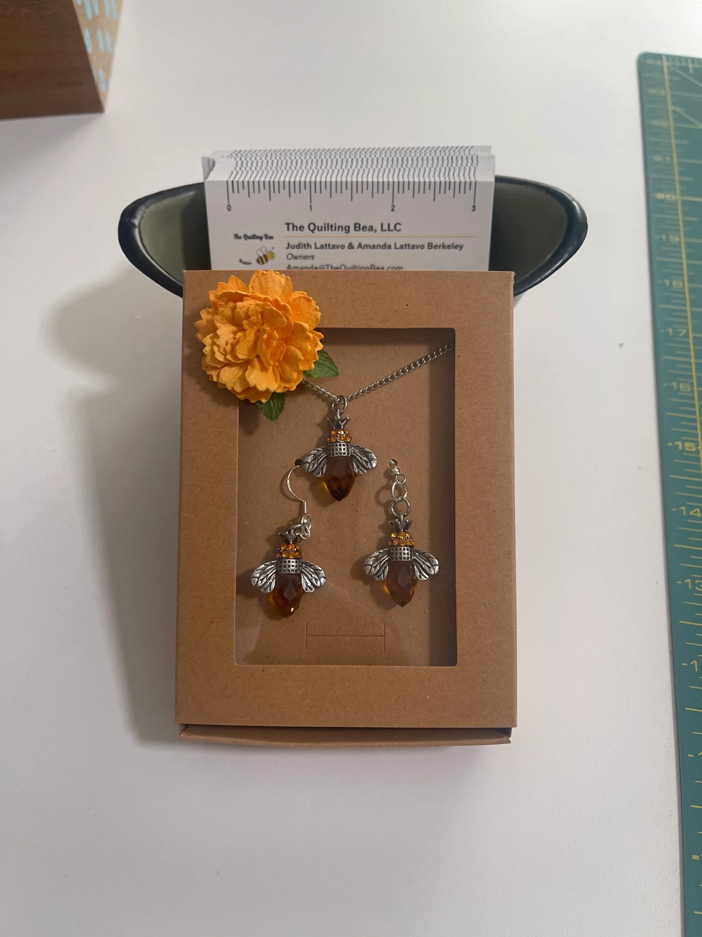 Bee earring and pendant set in retail box, silver-tone chain with amber crystal charms