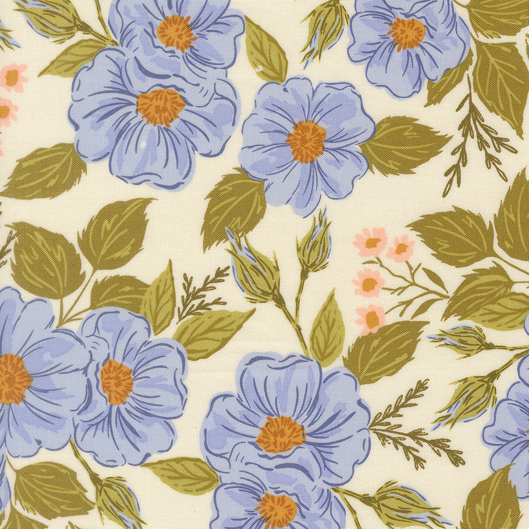 Wildbriar Porcelain floral cotton fabric with blue flowers, olive leaves, and small peach blooms