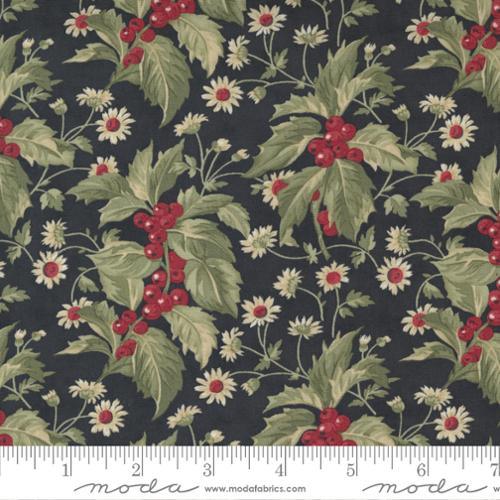 Floral quilting fabric with dark background, red berries, cream daisies, and green leaves
