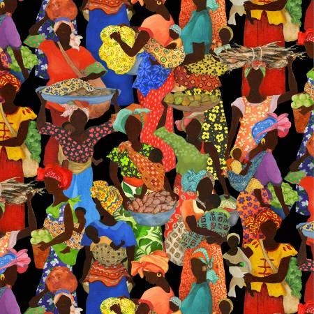 African Story packed figures fabric with multicolored African character print on dark black
