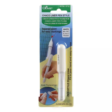 Clover white chaco liner pen with a tapered tip in clear blister packaging