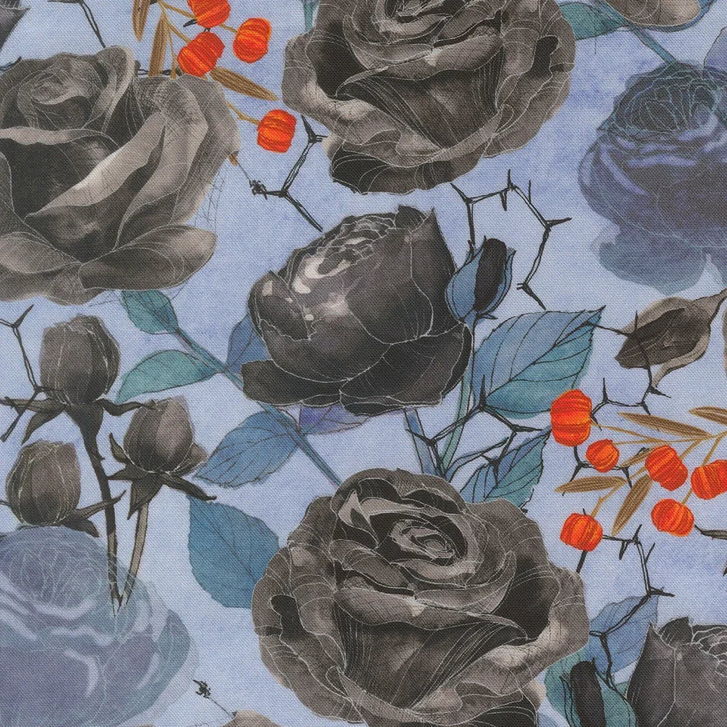 Rose and leaf fabric with dark gray blooms, orange berries, and blue ground
