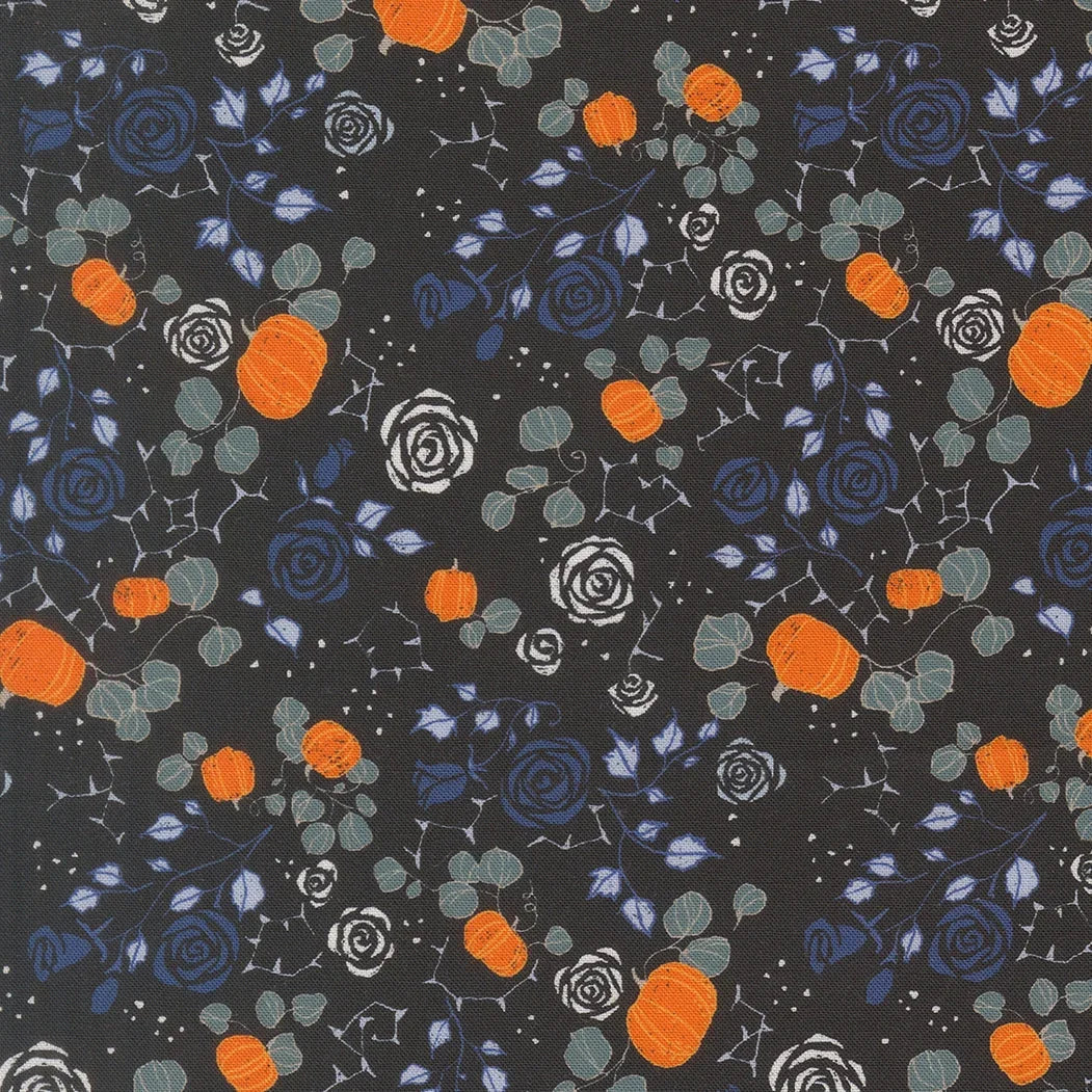 Onyx floral and pumpkin print fabric, dark background with blue roses and orange pumpkins