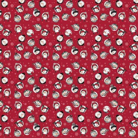 Red fabric with repeating snowman and snowball character pattern