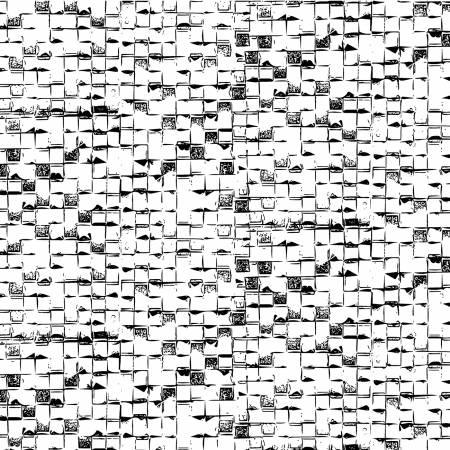 White cotton quilting fabric with scattered black abstract square prints