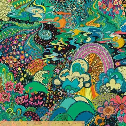 Windham Fabrics patterned fabric with teal, pink, and rainbow motifs and paisley swirls