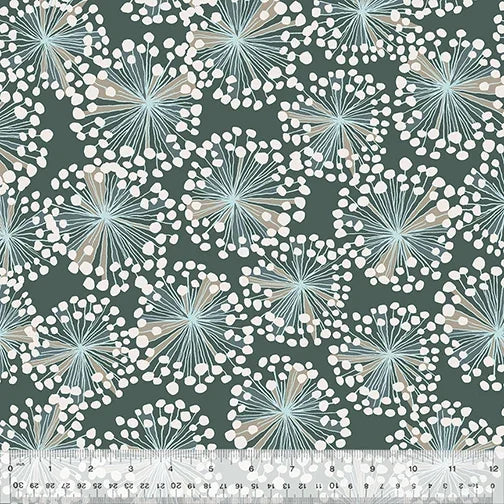 Printed cotton fabric with teal-green background and light blue flower burst pattern